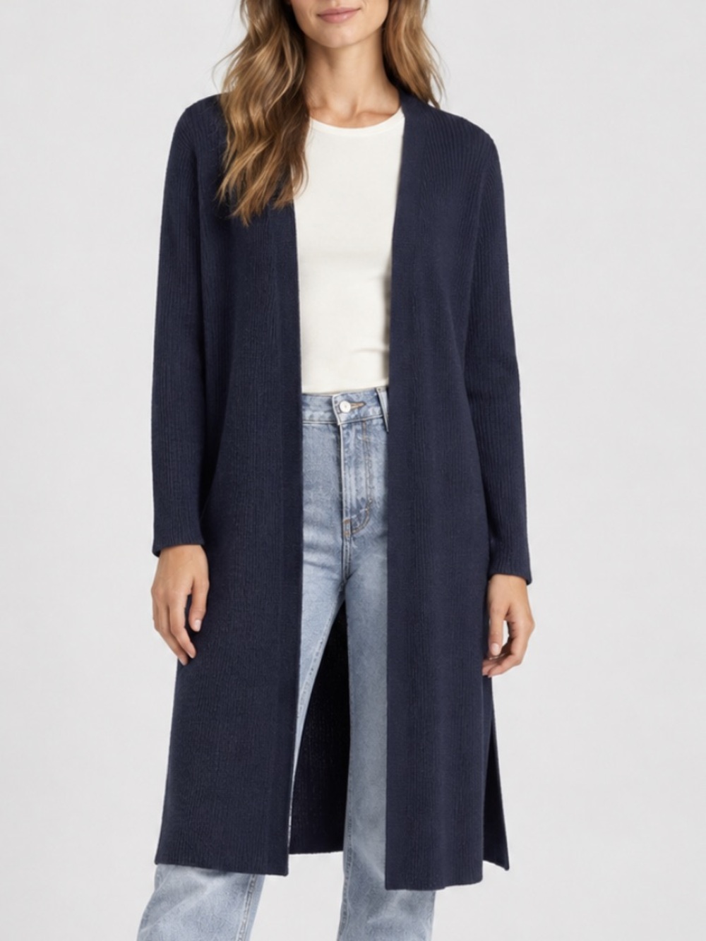 Massimo Dutti Italian Yarn Alpaca Kissed Long Ribbed Open Front Cardigan in Navy